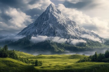 Fototapeta premium Majestic mountain peaks rise above lush green valleys under cloudy skies