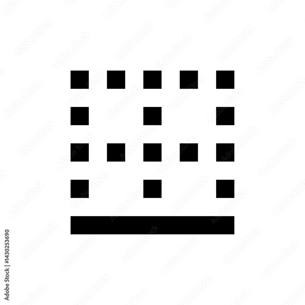 Poster black squares arranged in a grid pattern above a horizontal rectangle creates a simple geometric des