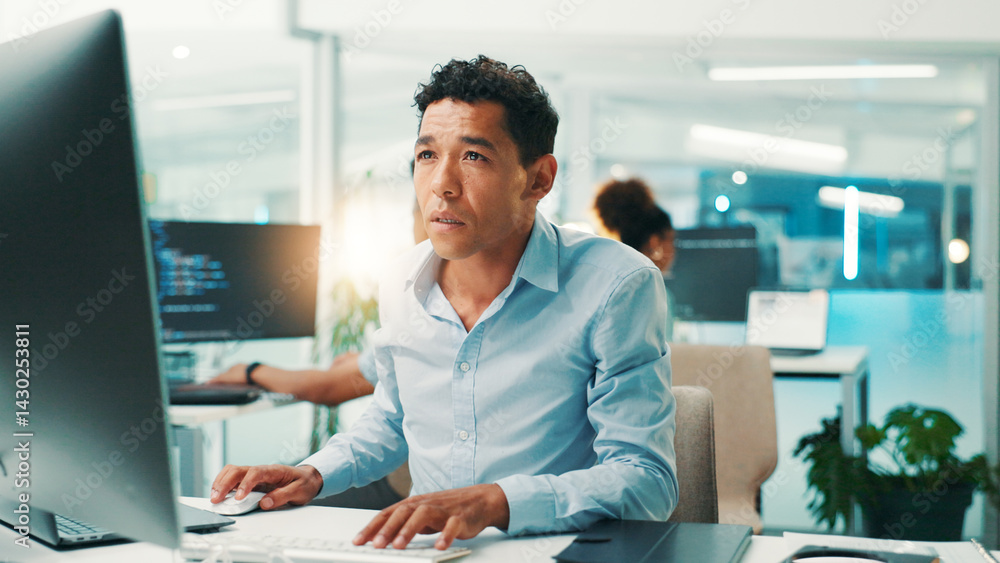 Poster Programmer, man and reading computer in office for software development, typing code or app testing. Programming, employee and technology for database troubleshooting, system maintenance or debugging