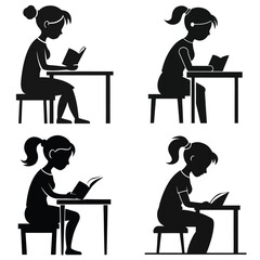 Four Silhouettes of Girls Reading at Tables