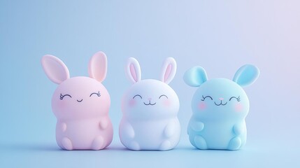Obraz premium Cute pastel bunny figures in pink, white, and blue with cheerful expressions.
