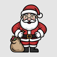Cheerful cartoon Santa Claus in classic red suit holding a sack full of gifts