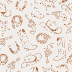 Seamless pattern with cowboy boots, sheriff badge, revolver and lasso on light background. Wild West style. Hand drawn vector illustration for wrapping paper, textile, fabric.