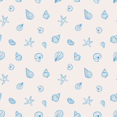 Seashell doodle hand drawn seamless pattern. Ocean life vector illustrations
