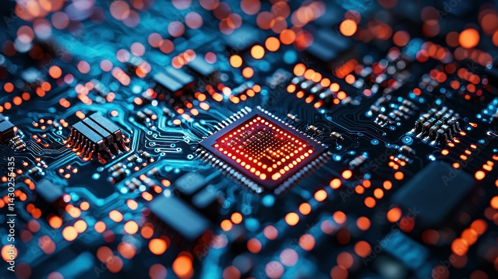 Poster close-up of a circuit board with a glowing microchip