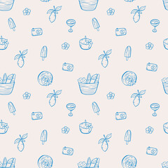 Sea life doodle hand drawn seamless pattern. Mediterranean life in blue color