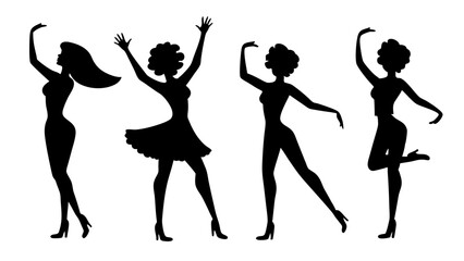 set of girls dancing silhouette vector on white background