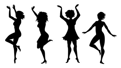 set of girls dancing silhouette vector on white background