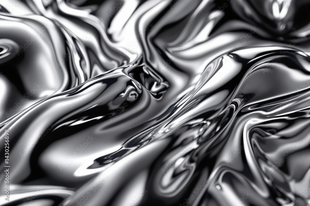 Poster glossy metallic surface with fluid wave patterns and bright reflections, abstract background style, 