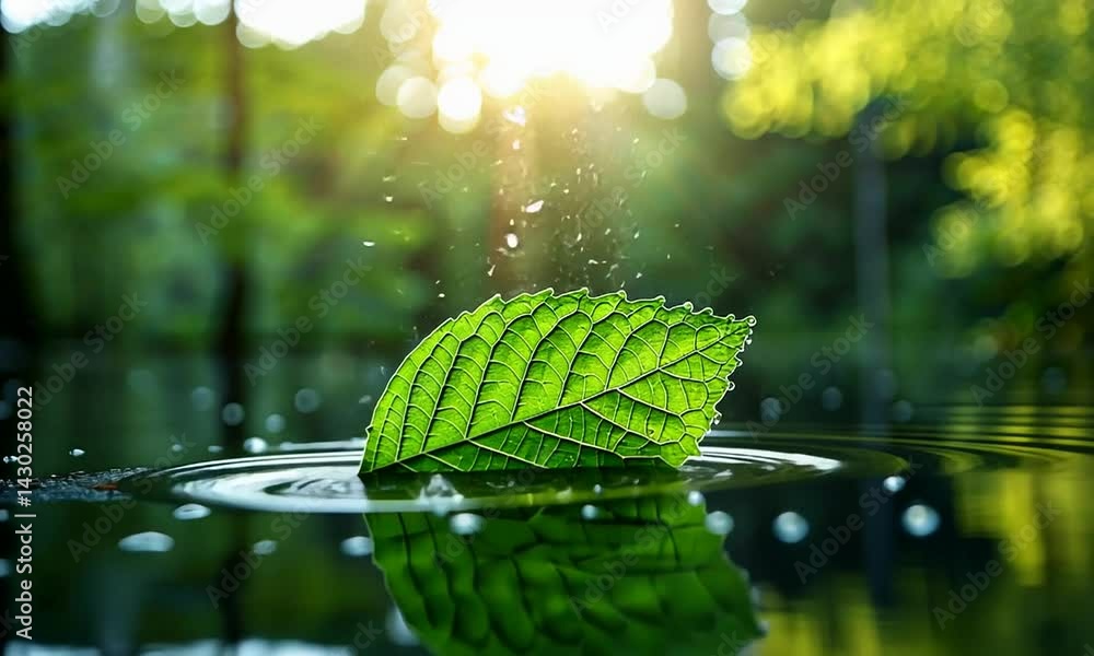 Poster close-up of a vibrant green leaf floating on calm water with sunlight filtering through trees