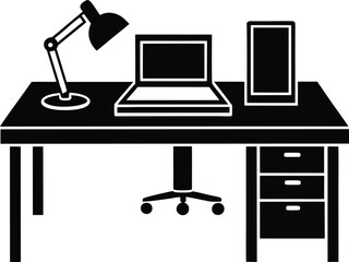 Black Workplace Interior Laptop, Lamp, PC on Desk with Swivel Chair Icon