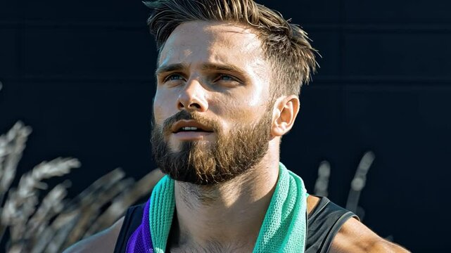 Focused Determination: A fit man with a groomed beard and towel around his neck, exuding strength and purpose, gazes into the distance, embodying determination and focus.