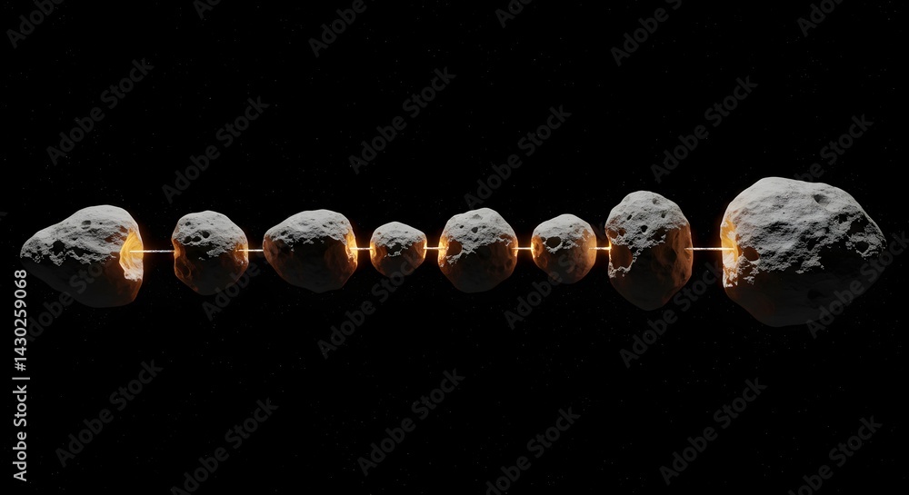 Poster asteroid chain in deep space: a row of space rocks connected by light beams, illuminated in a dark s