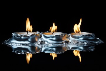 Three candles with flames, reflected on a dark surface