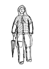 Abstract Cartoon Illustration Man Holding Umbrella and Wearing Raincoat Outline Transparent Background