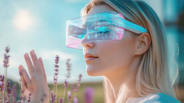 Woman wearing futuristic AR glasses, experiencing augmented reality overlay showing building plans in a lavender field.