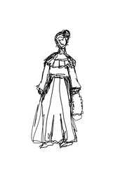 Abstract Cartoon Illustration of Woman with Long Skirt Holding Bag Outline Transparent Background