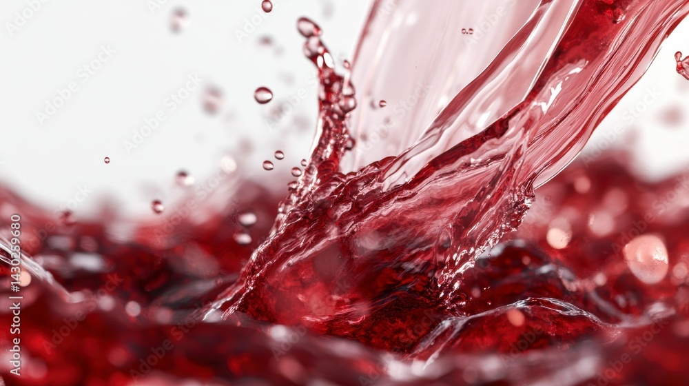 Poster red liquid splashing, close-up view showing texture and movement.