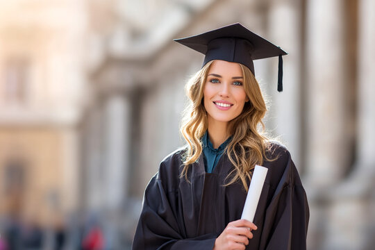 Joven graduada sonriente con toga y birrete sosteniendo diploma frente a edificio antiguo en entorno urbano iluminado por el sol

