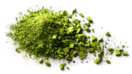 Green matcha powder scattered on white background. Vibrant and fresh