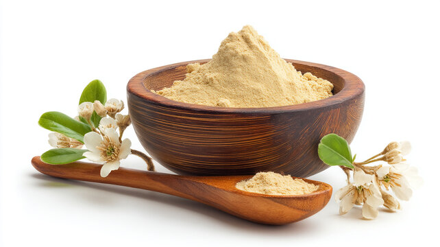 wooden bowl and spoon filled with thanaka powder, surrounded by delicate white flowers