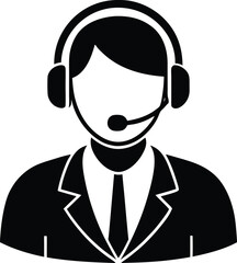 Call center agent silhouette with headset wearing suit on transparent background