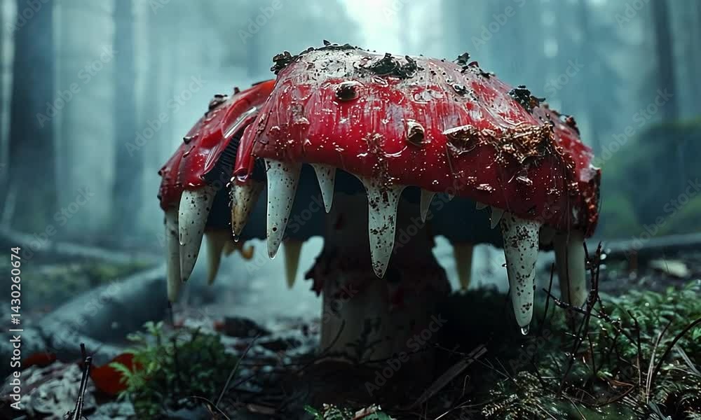 Poster close-up of a vibrant red mushroom with large teeth in a misty forest setting, surrounded by foliage