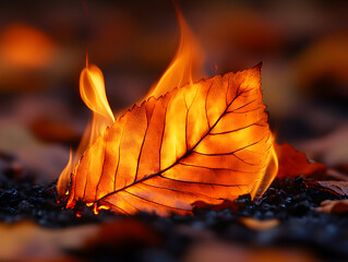 An orange leaf burns surrounded by flames on dark soil creating a warm and fiery scene