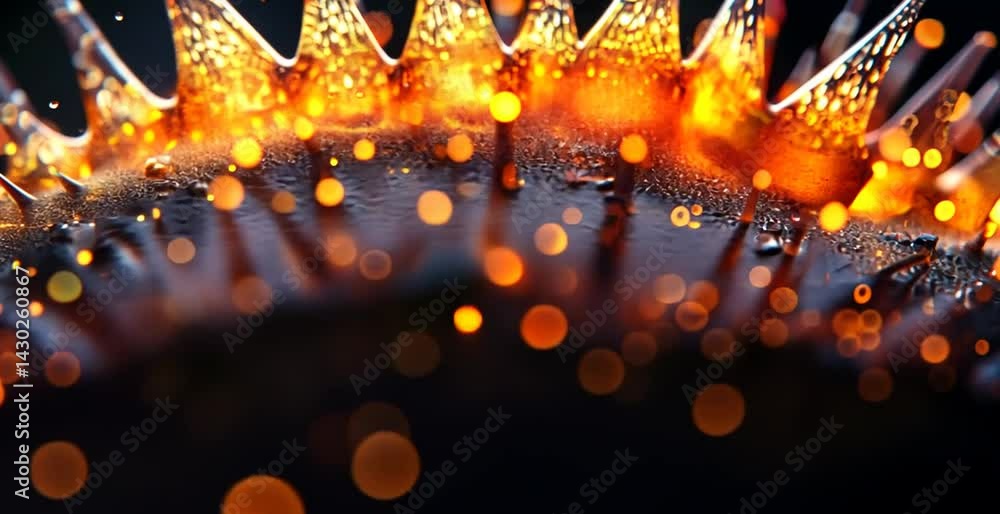 Poster close-up of a vibrant, textured surface with droplets and glowing bokeh in a dark background