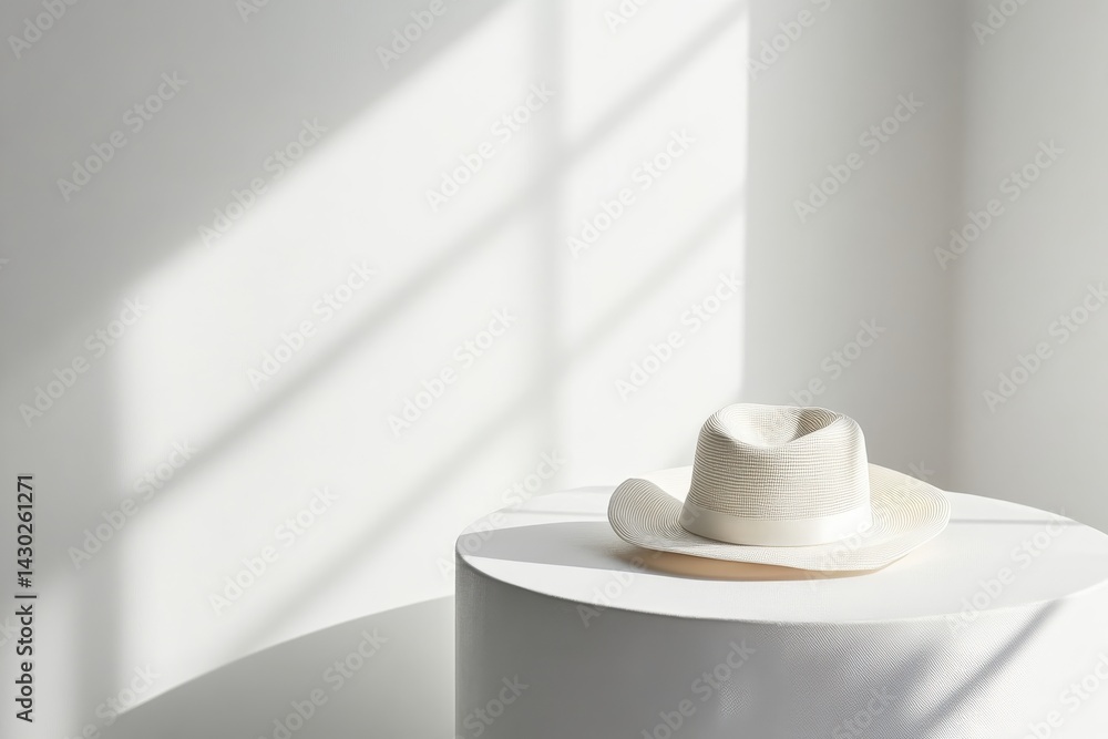 Aufkleber elegant summer hat atop a white pedestal in a minimalist, sun-drenched setting creating a serene and