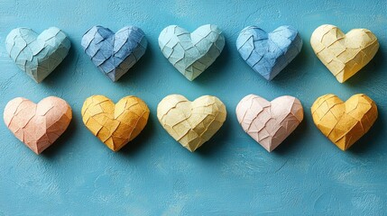 Obraz premium Colorful Paper Hearts Arranged on Blue Background