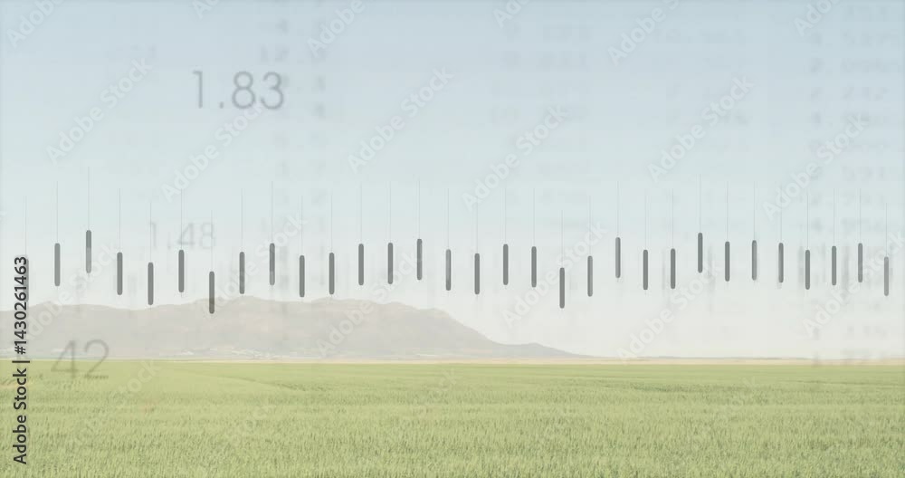 Poster vertical audio equalizer bars floating over green crop field, visualizing sound data in flat design