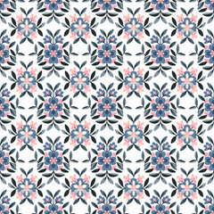 Fototapeta premium Elegant seamless floral pattern featuring symmetrical blue and pink flowers with leaves, ideal for textile, wallpaper, or packaging design. 