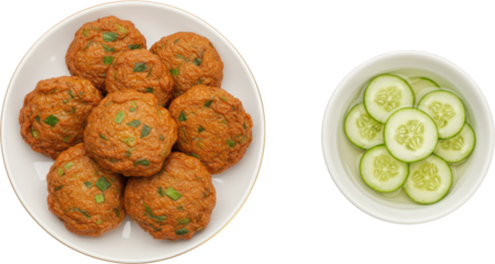 Golden Fried Fish Cakes with Cucumber Slices in a Refreshing Bowl