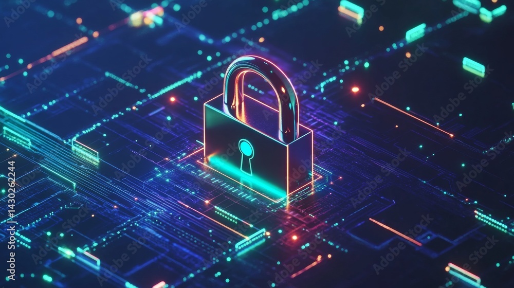 Aufkleber high resolution photo, a glowing digital padlock at the center of a futuristic, dark blue background