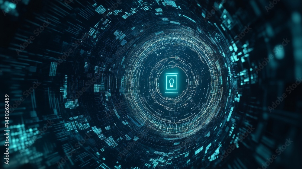 Aufkleber high resolution photo, a glowing digital padlock at the center of a futuristic, dark blue background