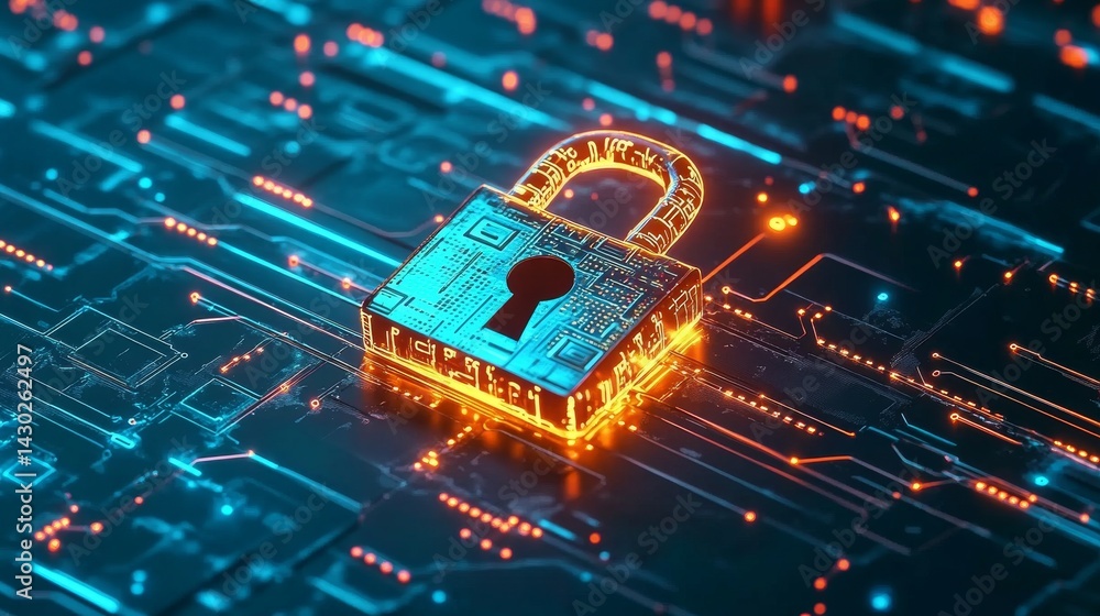 Aufkleber high resolution photo, a glowing digital padlock at the center of a futuristic, dark blue background