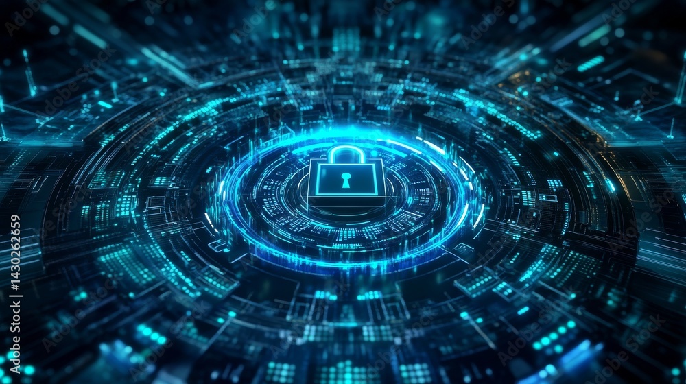 Aufkleber high resolution photo, a glowing digital padlock at the center of a futuristic, dark blue background