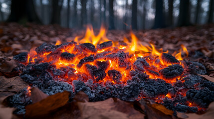 Embers glow amidst leaves in a blurred forest casting orange light on the charred remains of a fire