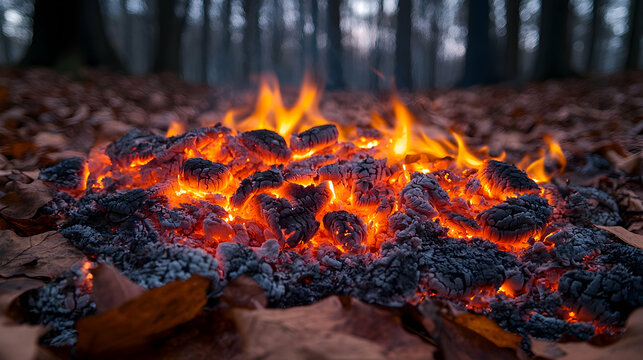 Embers glow amidst leaves in a blurred forest casting orange light on the charred remains of a fire