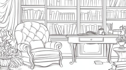 Ornate study room with bookshelves and armchair.