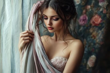 Fototapeta premium Young woman holding delicate fabrics near a floral backdrop in soft natural light