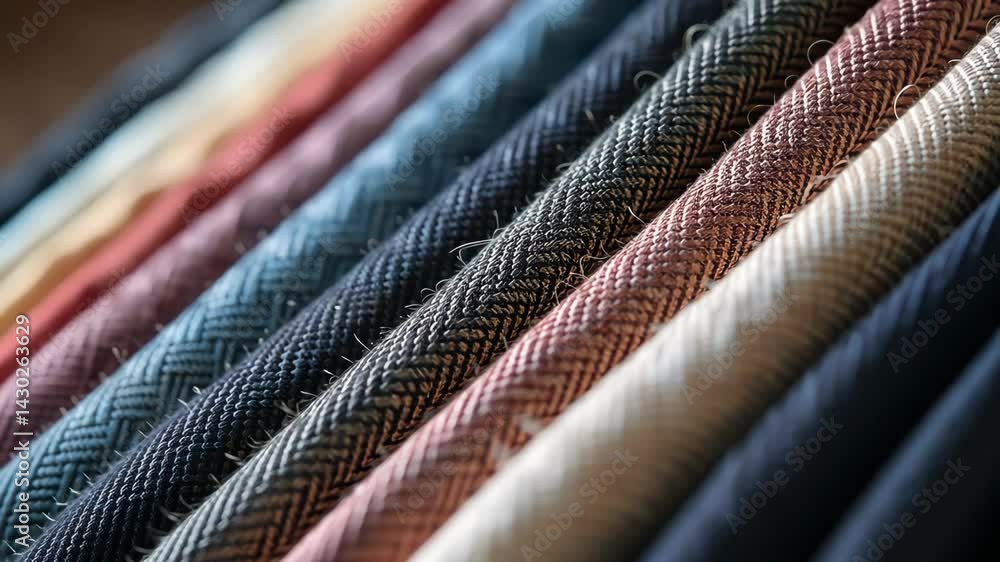 Poster A row of different colored fabric with a blue stripe. The blue stripe is on the left side of the row
