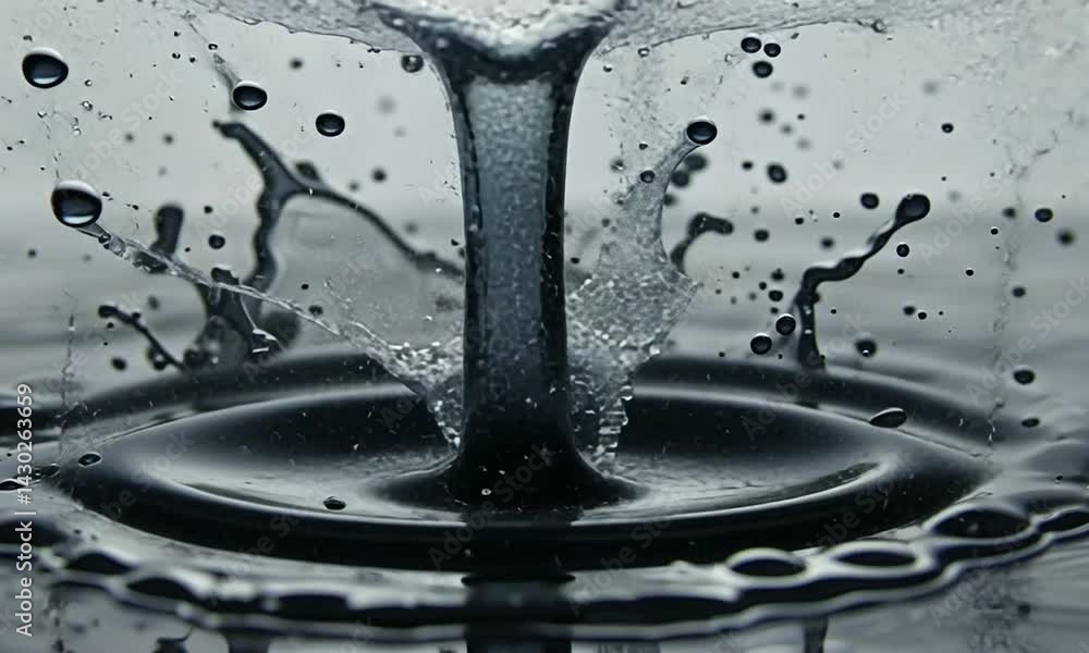 Poster close-up of a water splash creating ripples in a dark surface, with bubbles forming around it