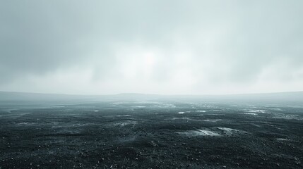 Naklejka premium A vast, empty landscape stretches under a heavy, overcast sky. The horizon blends into a haze, where the distinction between earth and sky is lost to shades of gray