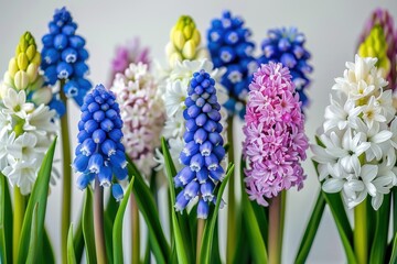Fototapeta premium Colorful spring flowers in bloom arrangement against a light background.