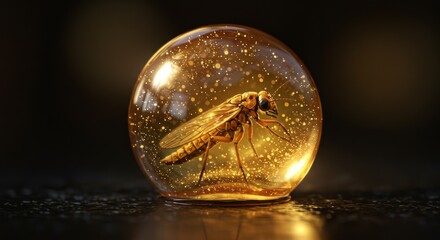 Stonefly Encased in Golden Amber Orb with Glittering Particles on Dark Surface
