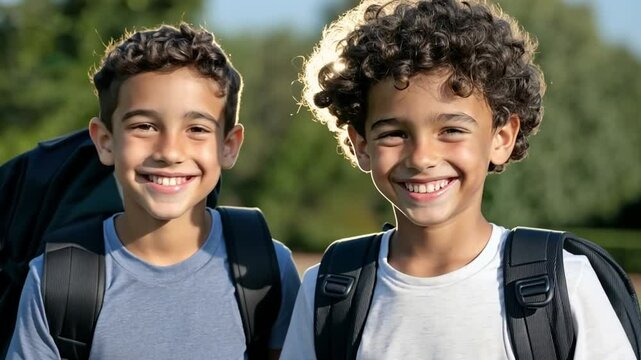 Twin Boys' Radiant Smiles: A close-up captures the endearing smiles of twin boys, their backpacks slung over their shoulders, possibly embarking on an exciting journey of learning and growth.