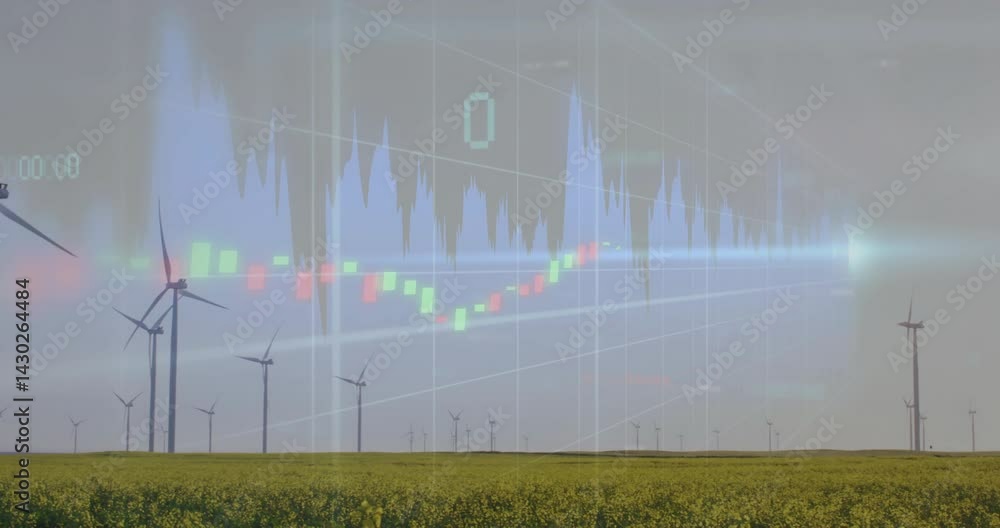 Poster wind turbines spinning over yellow field while digital overlay charting finance data in 3d render