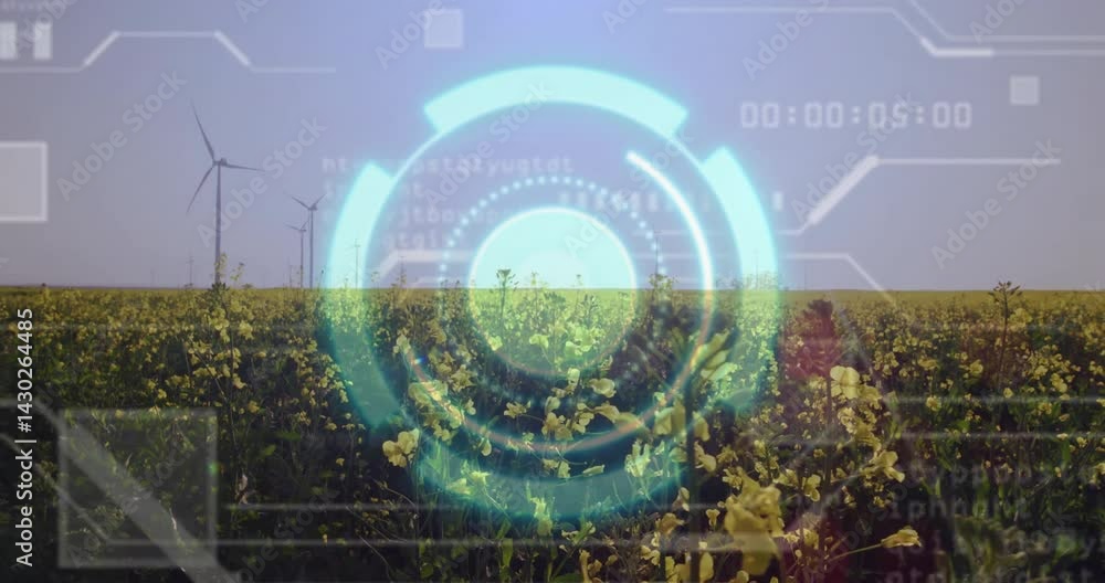 Poster visualizing futuristic teal 3d hud tracking wind energy output over rapeseed field